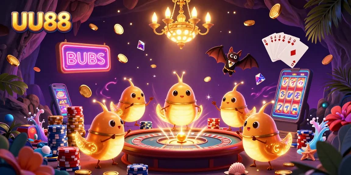 Experience exciting casino gameplay with UU88 as glowworms illuminate a vibrant cave casino.