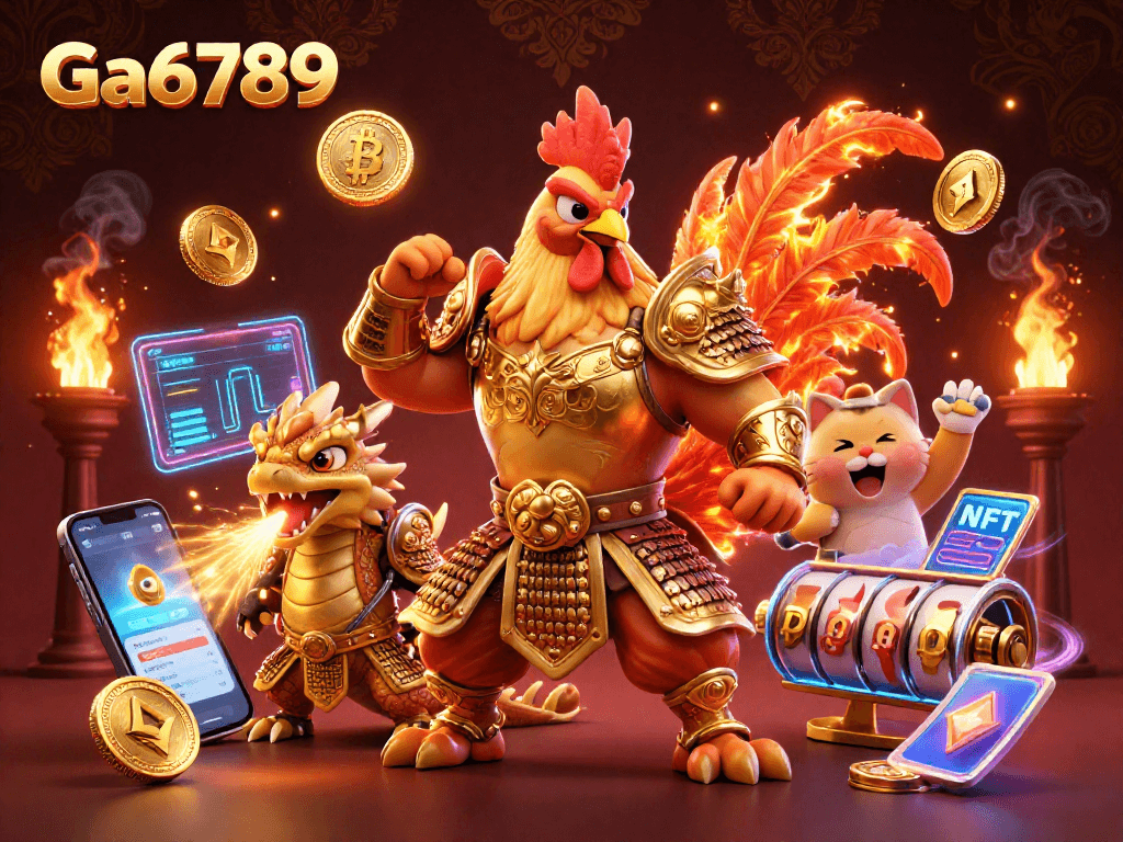 Engage in premium gaming at Ga6789 with a dynamic 3D scene of exciting crypto elements and gaming characters.