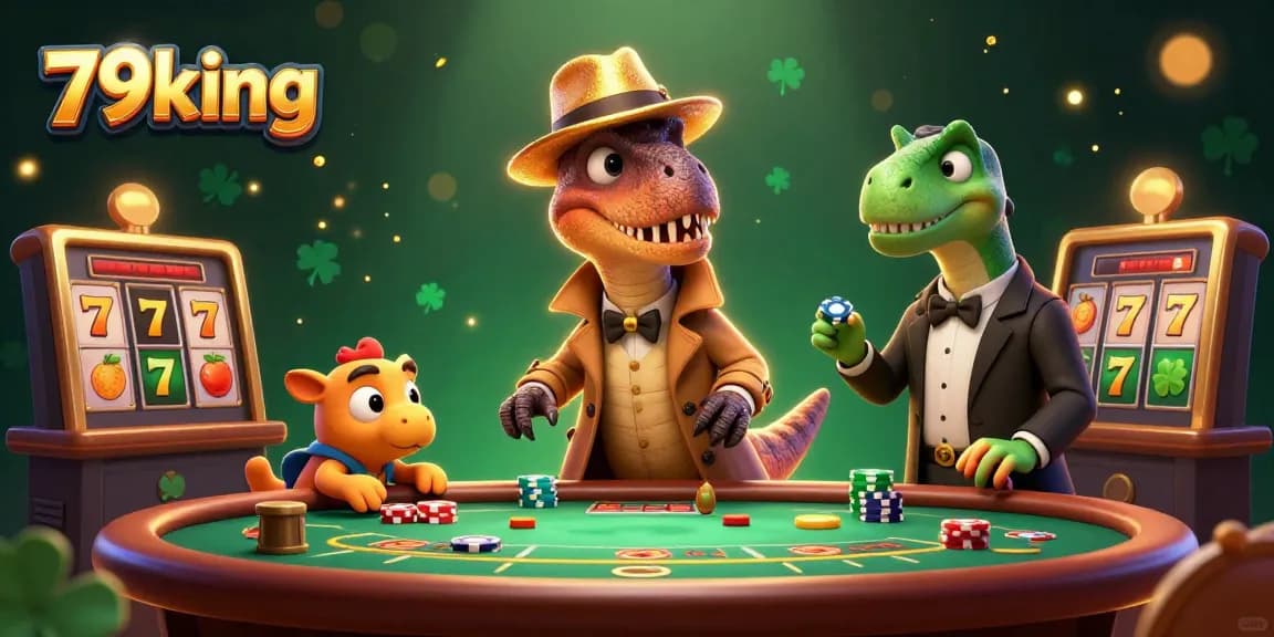 Experience the thrill of winning at 79king with a lively 3D casino scene featuring unique characters and slot elements.