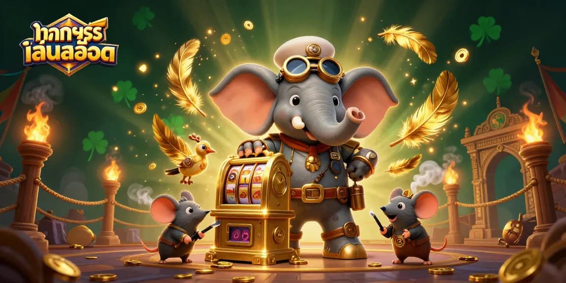 Menangkan jackpot saat ทดลองเล่นสล็อต dengan karakter gajah steampunk unik dan mesin slot emas yang mencolok.