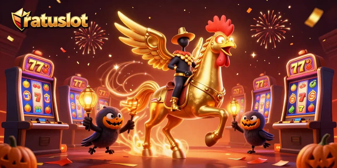 Experience excitement at ratuslot with golden rooster and slot symbols in a vibrant casino scene.