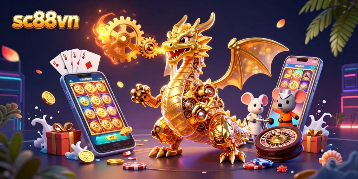 Experience the excitement of sc88vn with a vibrant 3D casino scene featuring a mechanical dragon and slot games.