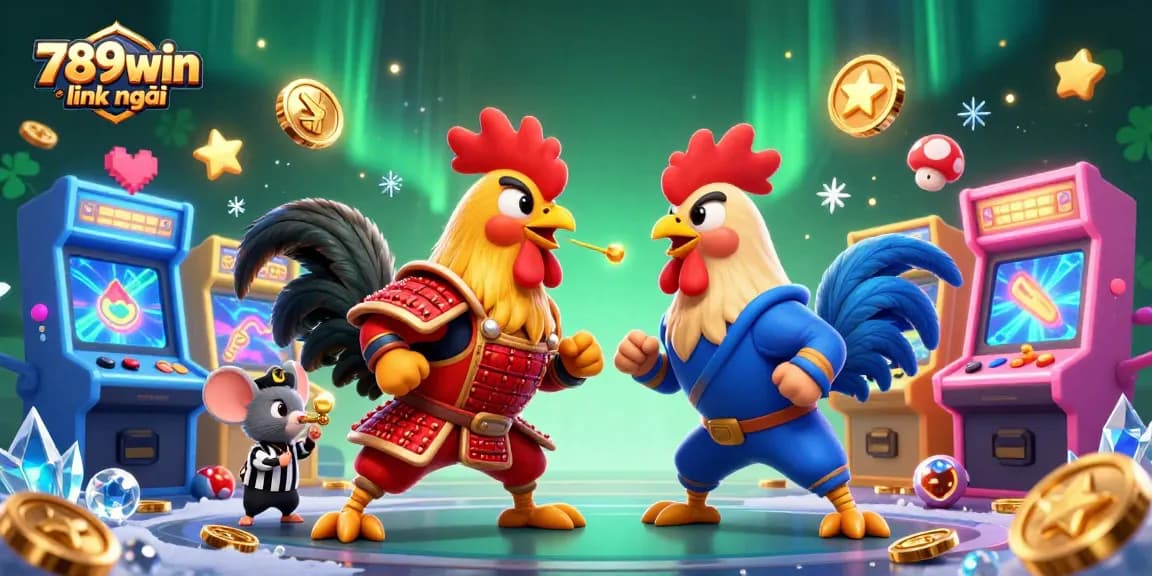 Experience thrilling gameplay with 789win link mới featuring cartoon roosters in a dramatic showdown surrounded by vibrant casino elements.
