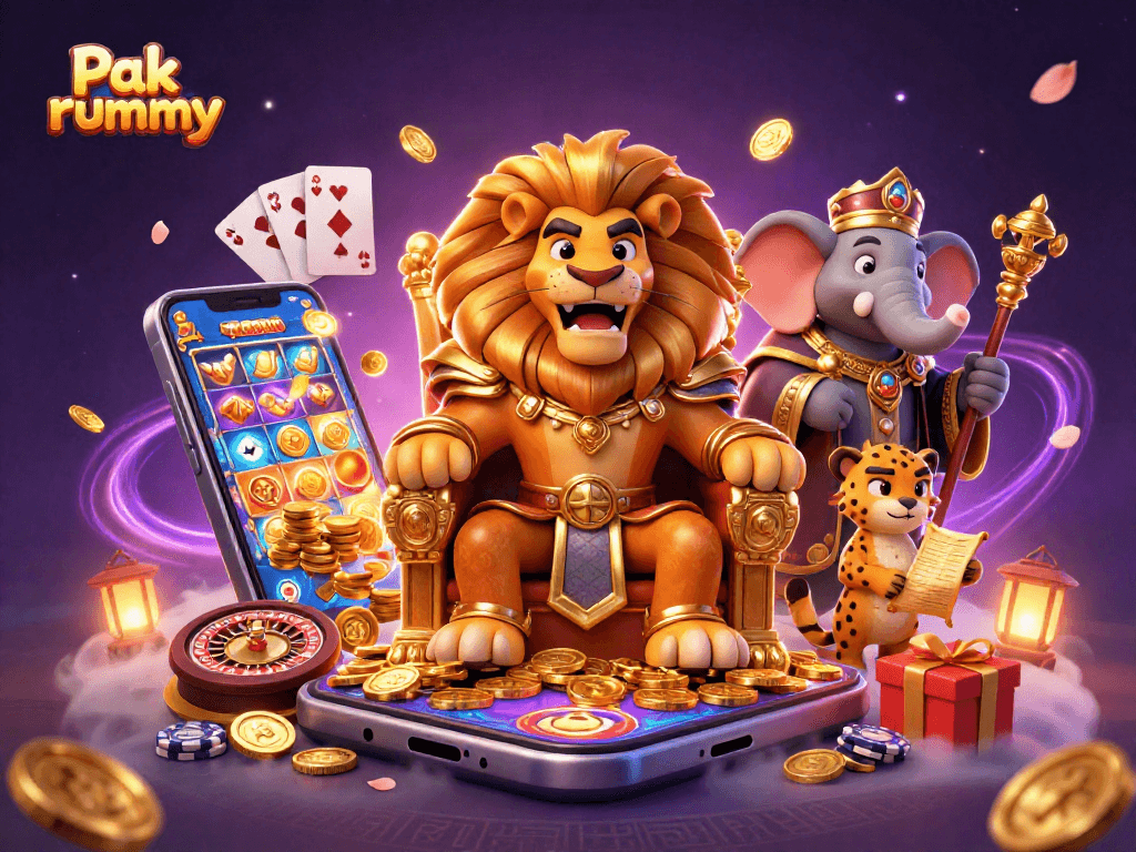 Experience the thrill of Pak rummy with vibrant casino elements and majestic characters in an enchanting scene.