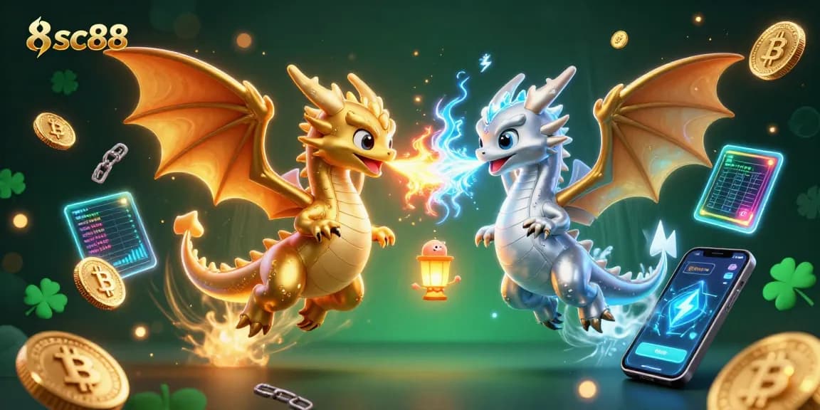Engage with 8sc88's thrilling gameplay as golden and silver dragons clash in a vibrant online casino.