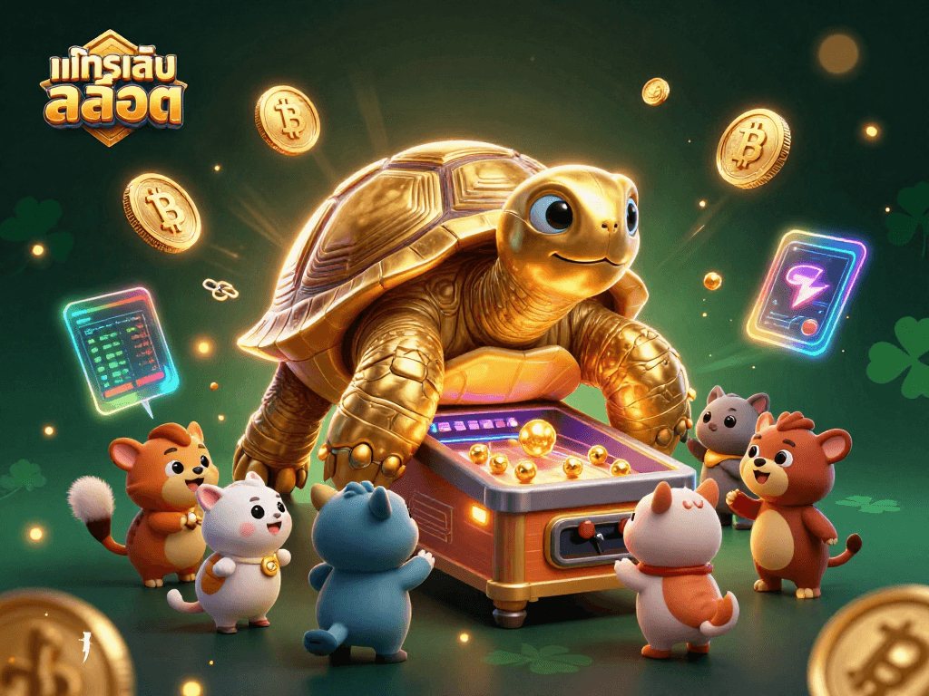 Experience thrilling ทดลองเล่นสล็อต action with a golden tortoise pinball machine surrounded by animated characters.