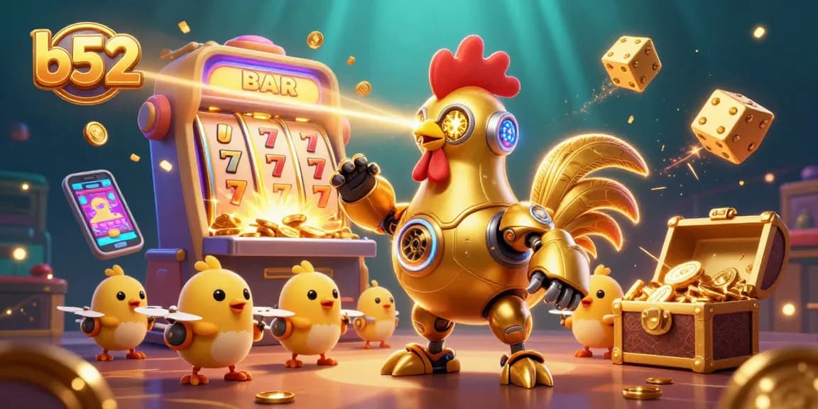 Experience thrilling gaming at b52 with a vibrant jackpot scene including a golden rooster robot, coins, and dynamic visuals.