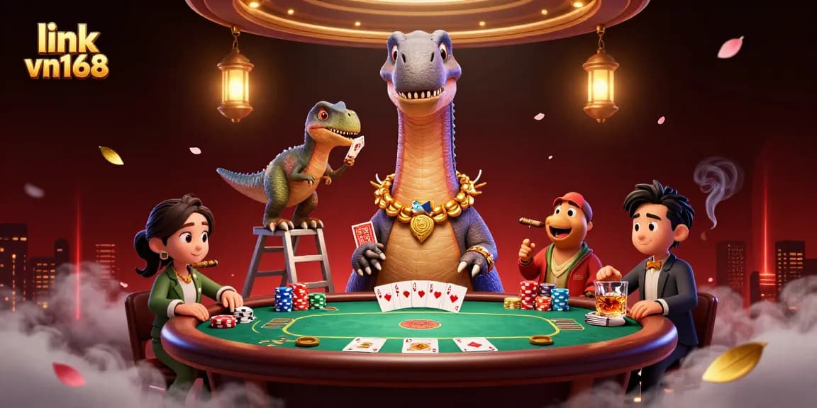Engage in thrilling games with link vn168 as a brontosaurus towers above a vibrant casino scene.