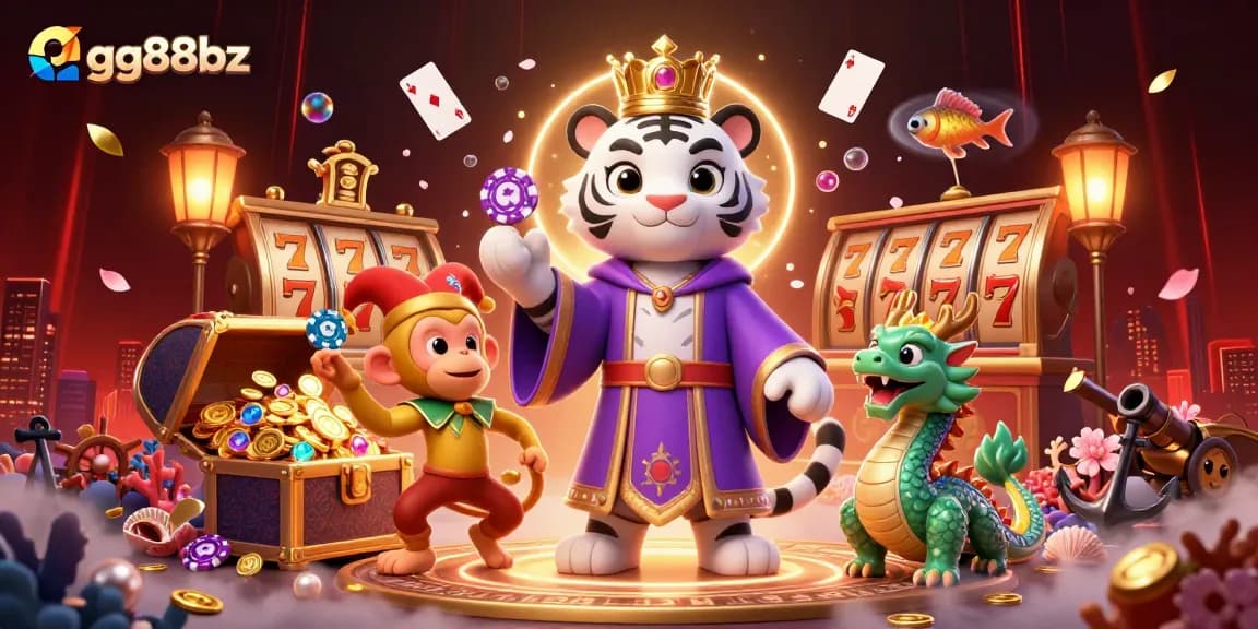Engage with the enchanting GG88BZ casino world, featuring a playful monkey juggling poker chips alongside a majestic tiger and jade dragon.