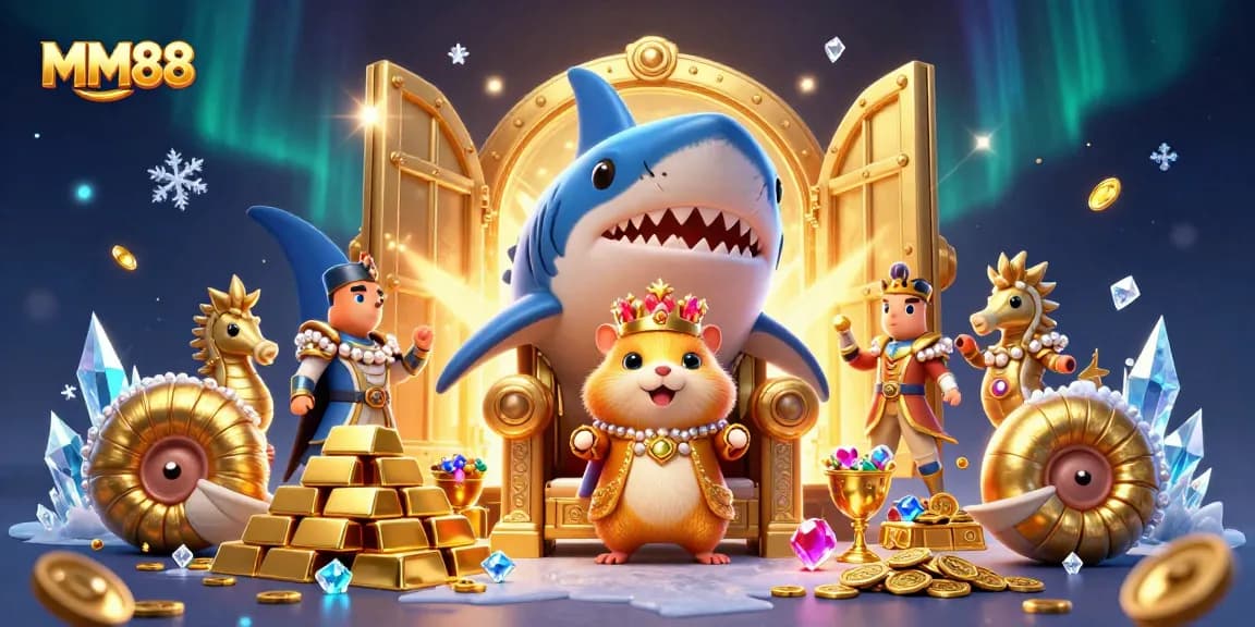 Play slots and win at MM88, featuring a golden hamster king amidst treasure.