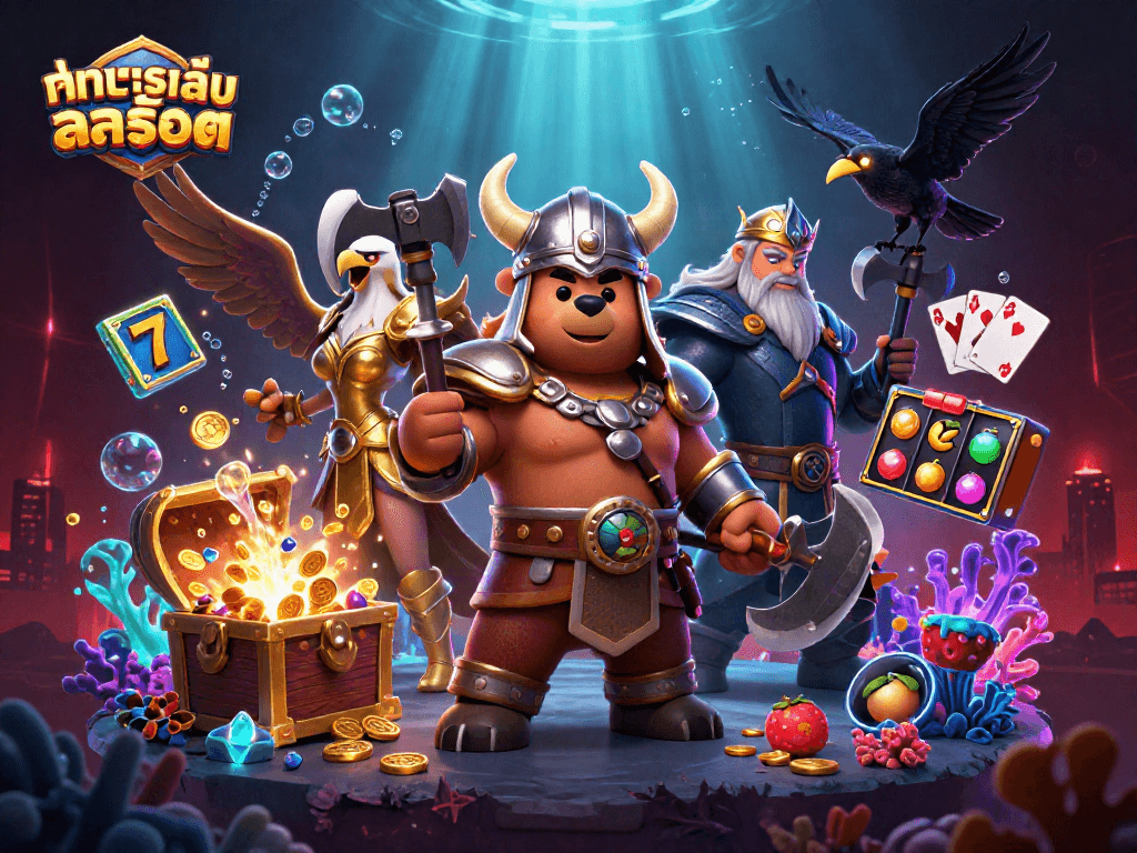 Experience ทดลองเล่นสล็อต with an epic scene featuring Viking characters and dynamic gaming elements.