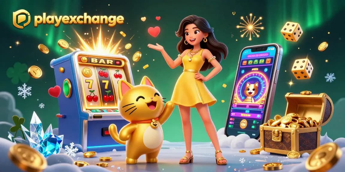 Engage in thrilling playexchange with a vibrant depiction of a cheerful Asian woman and a lucky cat amidst casino games.