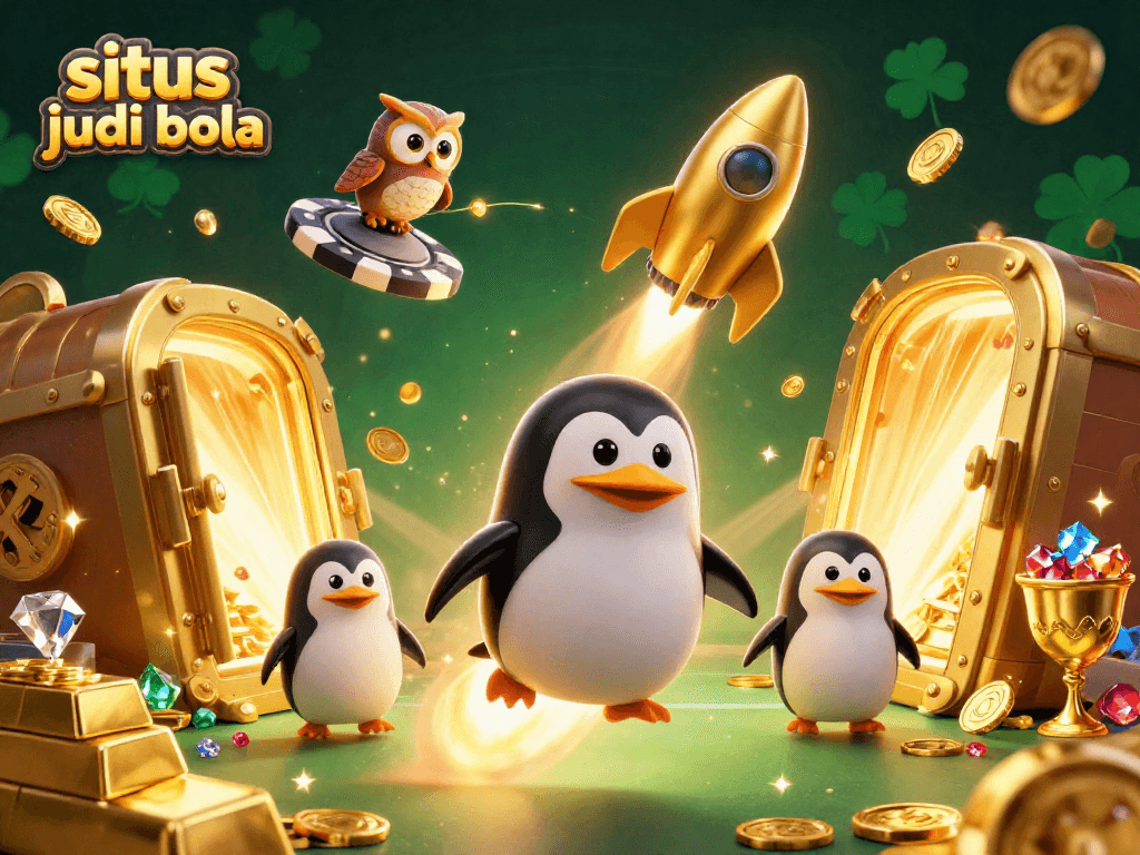 Bet on situs judi bola with a dynamic illustration of a golden penguin and casino elements.