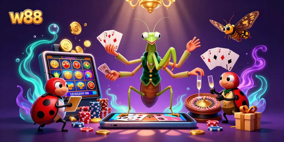 w88 players winning in an exciting casino scene with cards, slots, and roulette