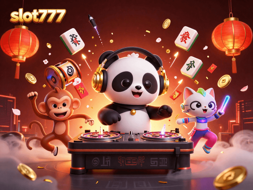 Slot777 merayakan keasyikan permainan dengan panda DJ, monyet breakdance, dan kucing dalam pesta yang meriah.