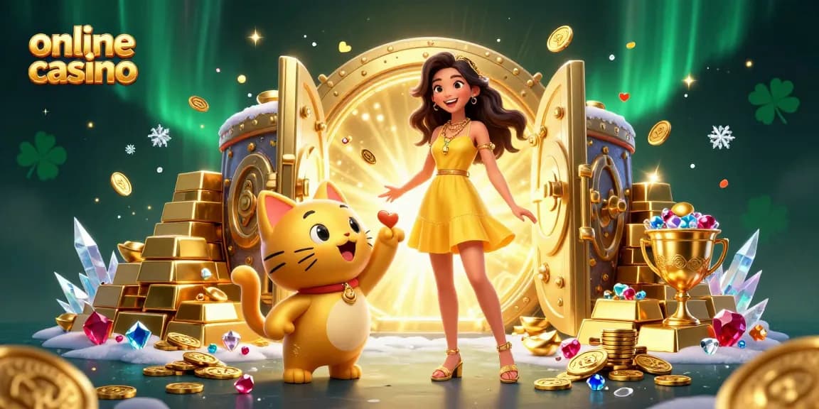 Play exciting games at an online casino featuring a cheerful woman and a lucky cat mascot.