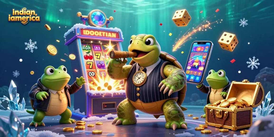 Experience the fun at indianiamerica with a lively snapping turtle mobster and vibrant casino elements.