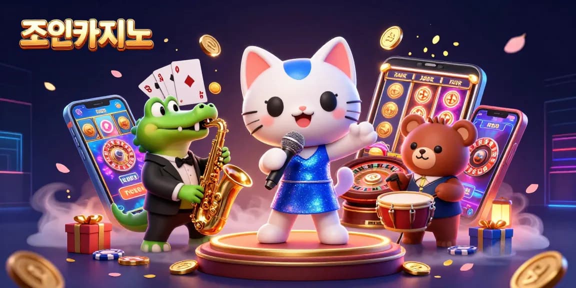 Experience exciting gameplay at 조이카지노 with a vibrant 3D casino scene full of dynamic characters and game elements.