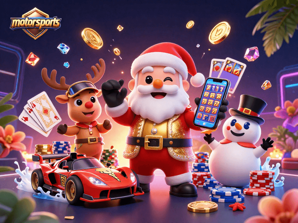 Experience motorsports excitement with a festive 3D Santa, reindeer, and snowman at a vibrant casino.