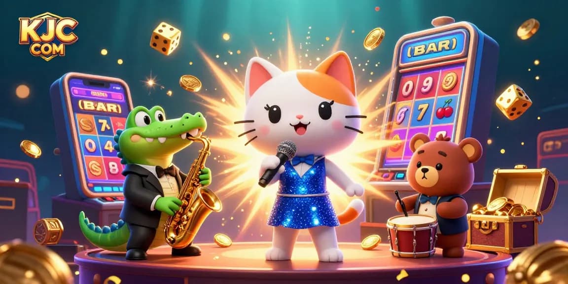 Experience the thrill of KJC COM with vibrant characters and exciting jackpot elements in a dynamic casino scene.