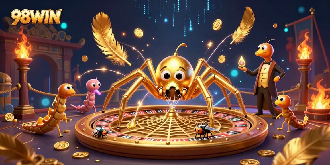 Experience the thrill of betting at 98WIN with lively casino-themed illustration featuring characters and dynamic elements.