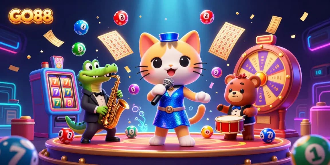 Experience the excitement of GO88 with vibrant characters and dynamic gaming elements in a stunning casino scene.