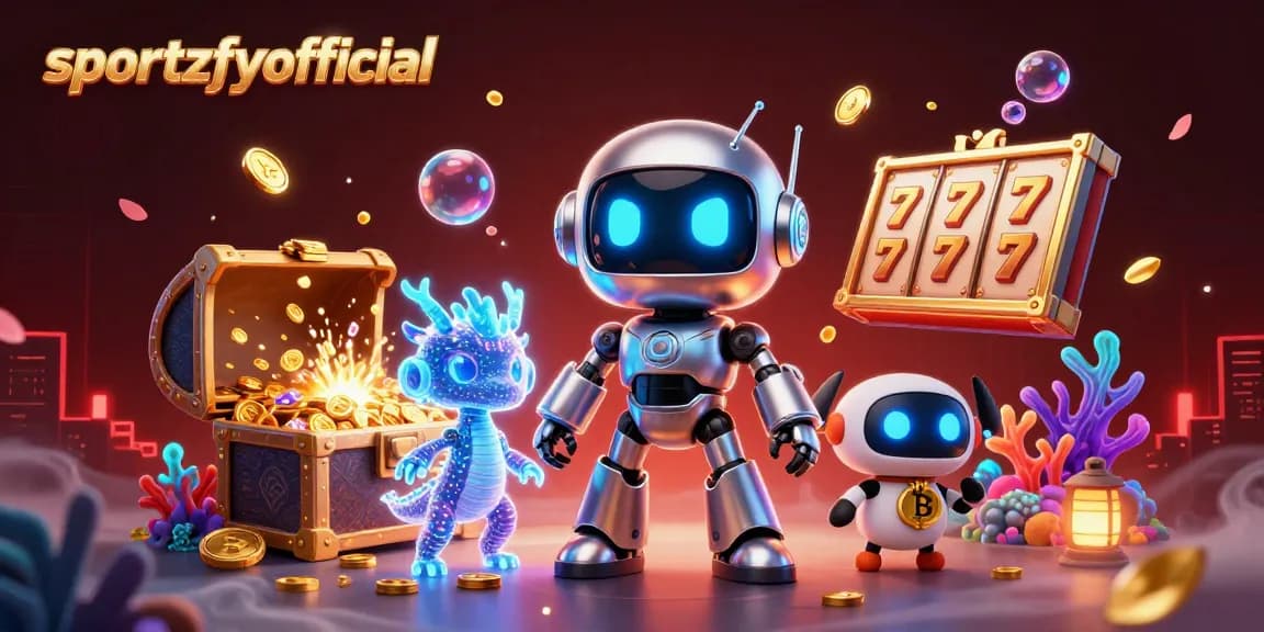 sportzfyofficial menampilkan karakter robot cyberpunk yang bersinar dengan elemen slot dan harta karun, ilustrasi kasino interaktif.