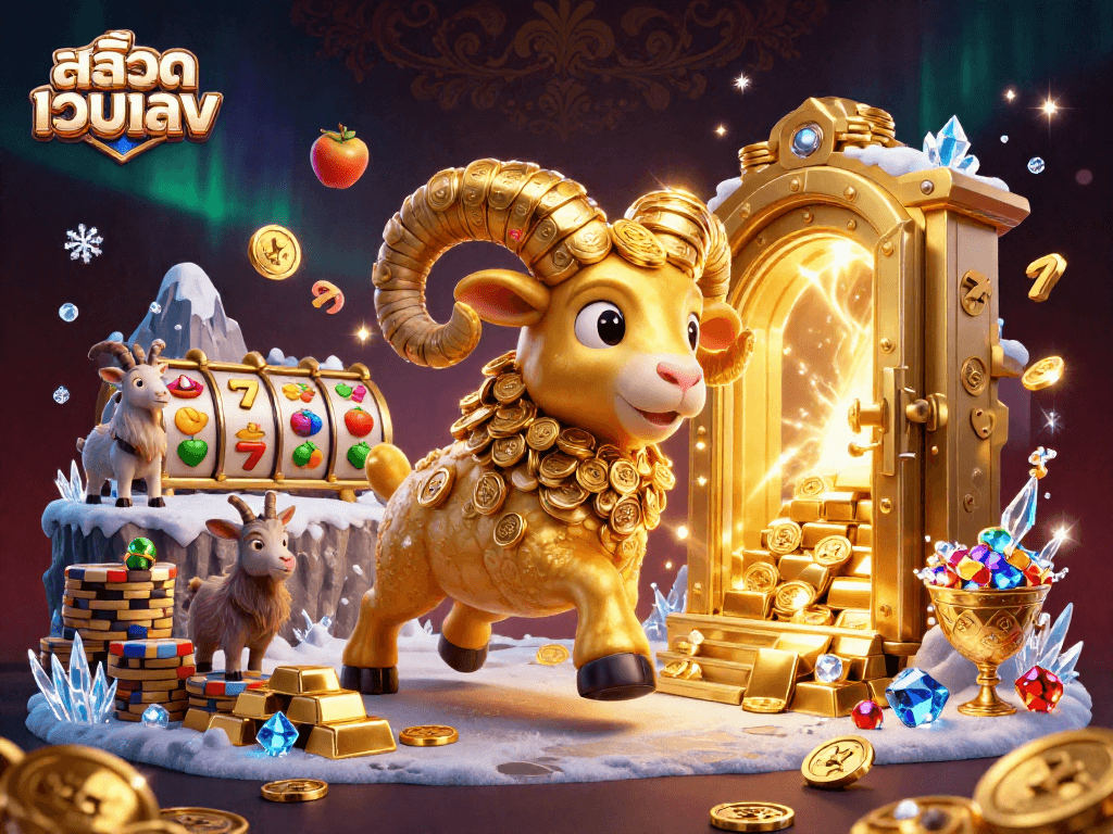 Experience the thrilling world of สล็อตเว็บตรง with a golden ram charging through a treasure-filled scene.