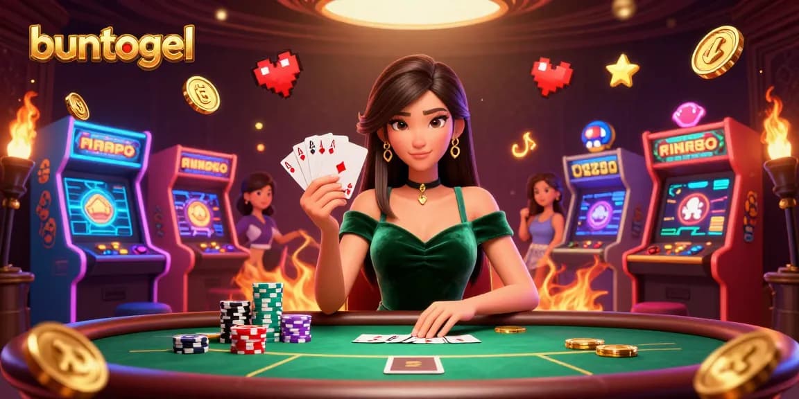 A stunning Asian woman at a luxury poker table with powerful gaming elements, embracing the thrill of buntogel.