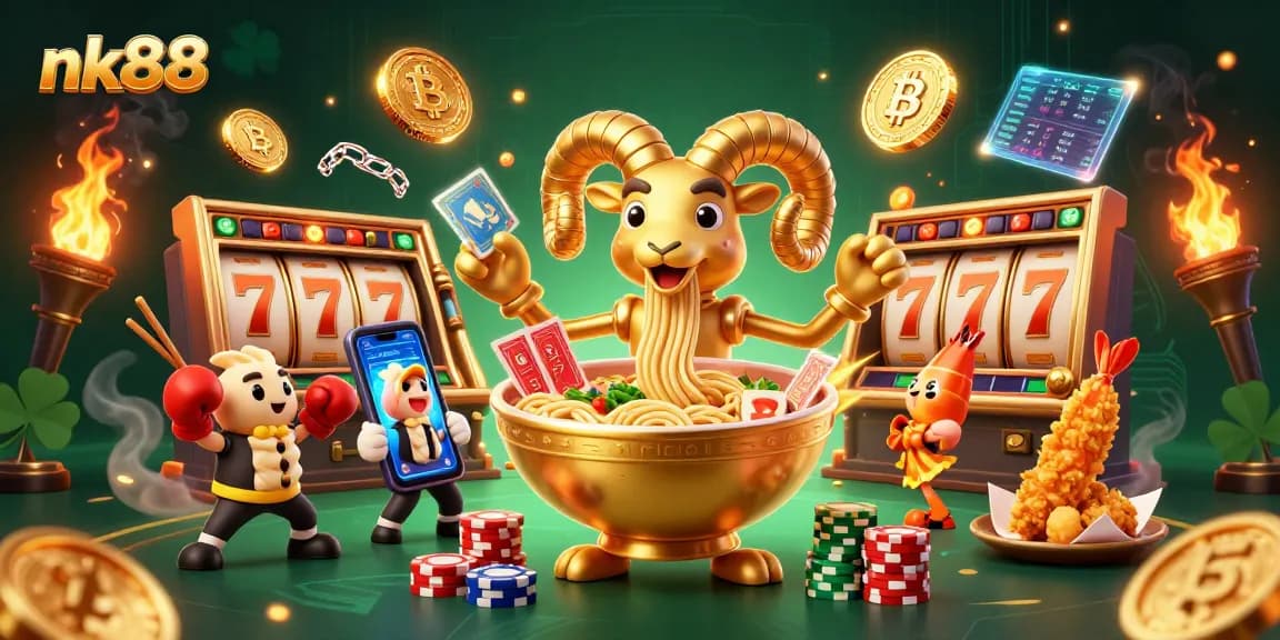 nk88 card dealing character stacks coins and spins slots in vibrant casino illustration.