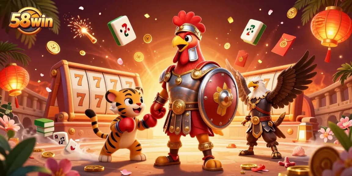 Experience the thrill of slots at 58win with this engaging 3D illustration of a rooster gladiator.