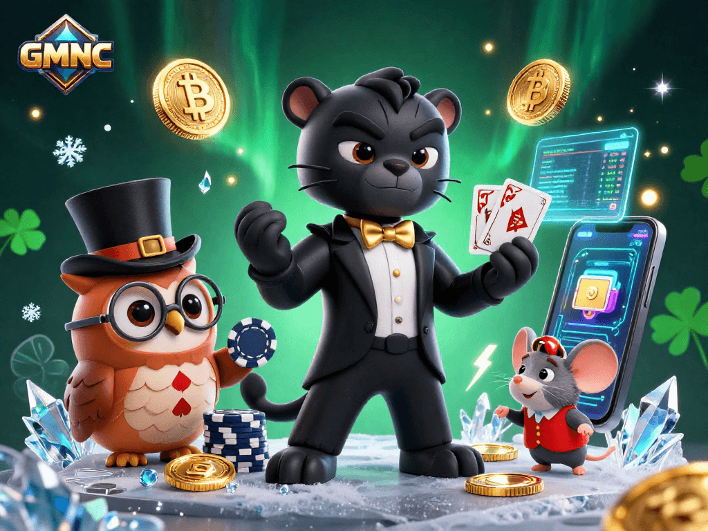 GMNC casino illustration featuring a tuxedo panther dealing cards, an owl with poker chips, and a lucky mouse among cryptocurrencies.