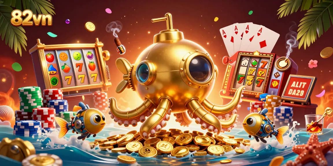 Engaging scene showcasing the 82vn casino experience with golden kraken and colorful slot game elements.