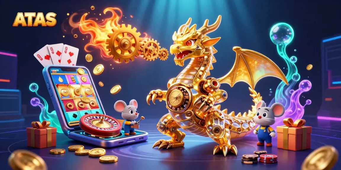 Spin the reels at ATAS Casino with a captivating golden dragon and immersive gaming elements.