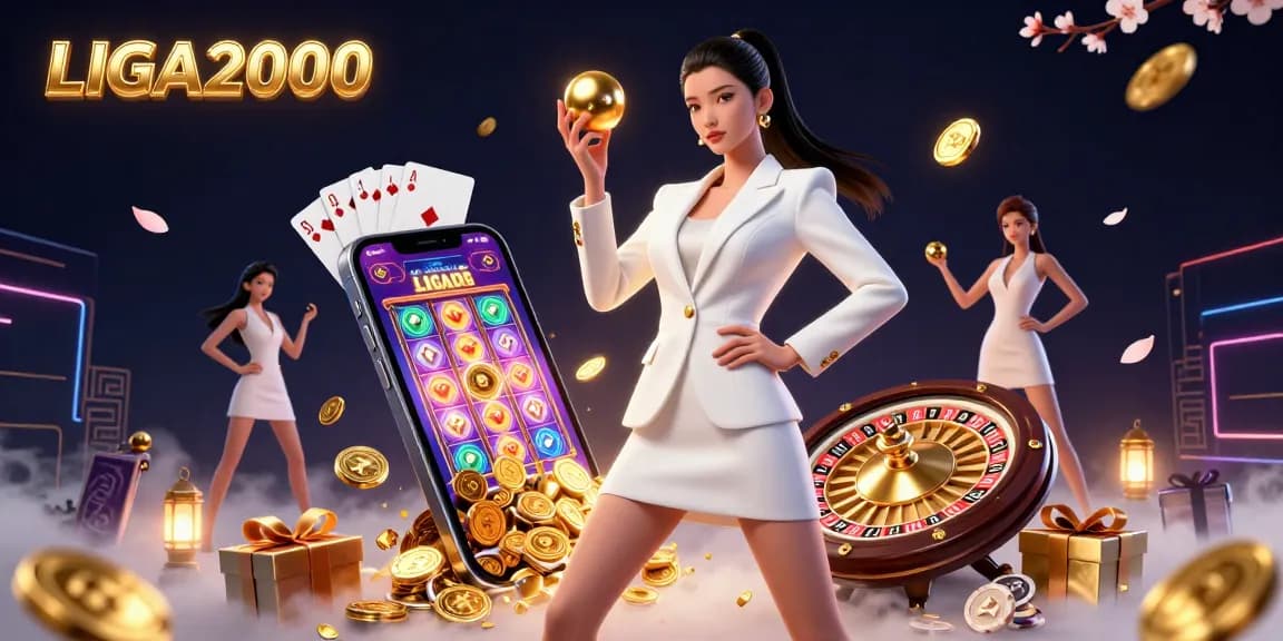 LIGA2000 menampilkan seorang wanita percaya diri yang memegang bola roulette di tengah elemen dinamis kasino.