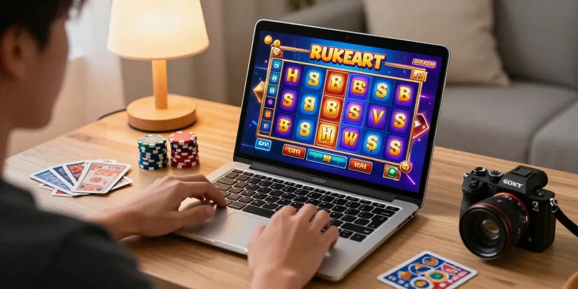 Pengguna bermain di situs slot gacor dengan grafik jackpot menarik di laptop, suasana santai dan ceria.