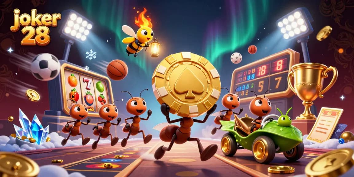 Memainkan joker 28 dengan antusiasme, dikelilingi simbol slot dan koin emas.