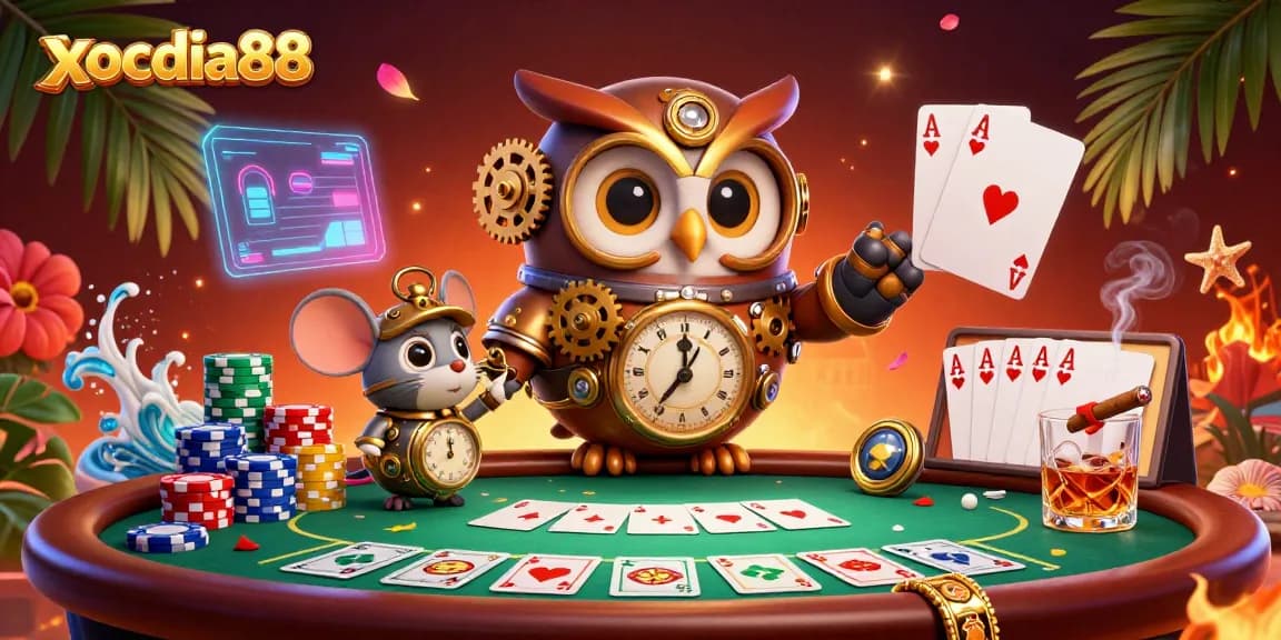 Xocdia88 time-traveler owl and clockwork mouse play poker amid vibrant casino elements, showcasing exciting gaming action.
