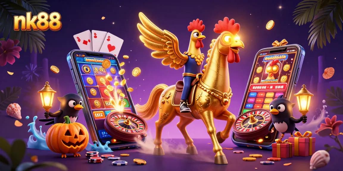 Play thrilling casino games at nk88 with vibrant visuals featuring golden rooster and lanterns.