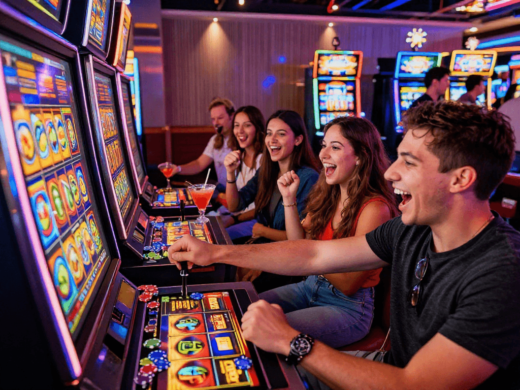 Exciting casino gaming scene of friends enjoying slot depo 10k, celebrating around a slot machine.