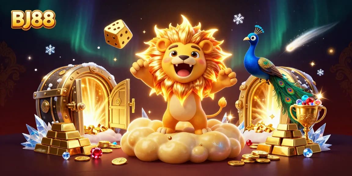 Spin and win with BJ88 at this vibrant online casino, featuring dazzling treasures and energetic characters.