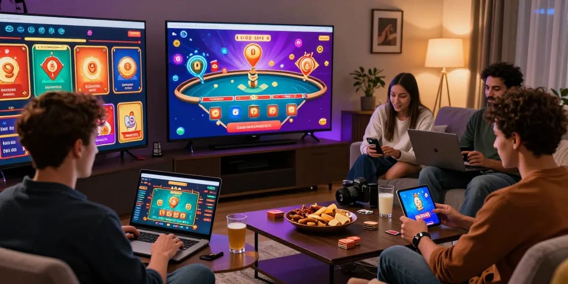 Interactive lotus365 online gaming scene with diverse friends playing games and enjoying rewards.