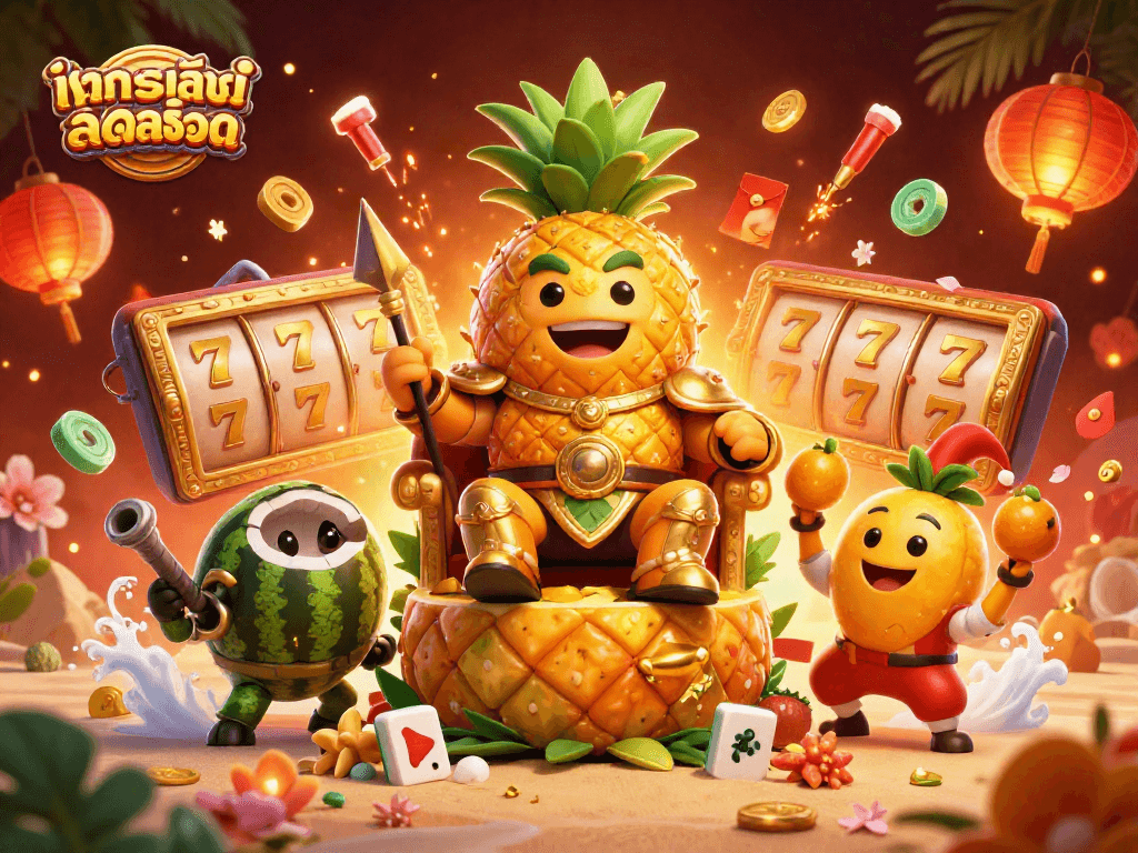 Experience ทดลองเล่นสล็อต with vibrant 3D characters featuring a pineapple king and dynamic casino elements.
