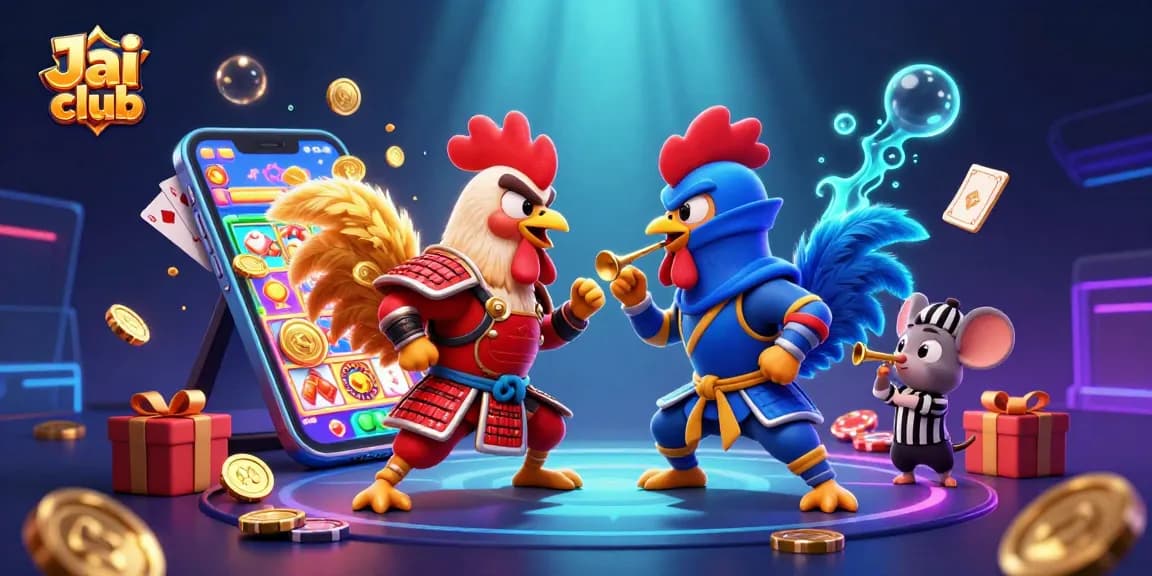 Jai club showcases thrilling gameplay with dynamic 3D roosters facing off amidst exciting casino games.
