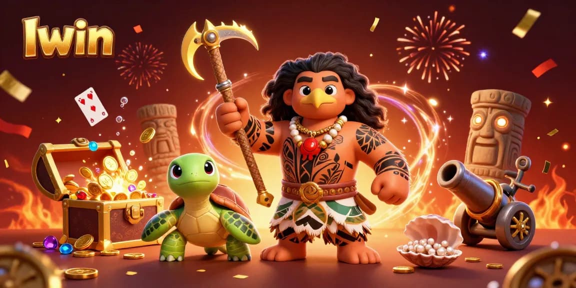 Iwin captivates with a vibrant 3D illustration featuring a Polynesian demigod and treasure.