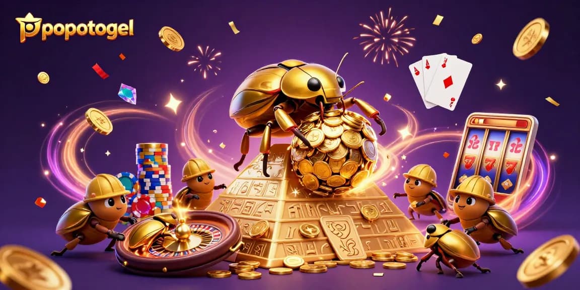 Experience the thrill of popotogel with vibrant casino elements in a dynamic 3D illustration.