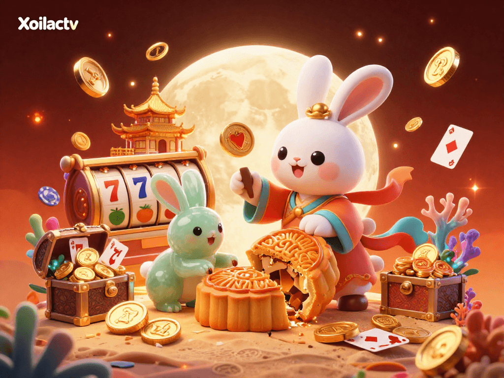 Xoilactv showcases a moon rabbit and jade rabbit among slot reels and vibrant casino elements.