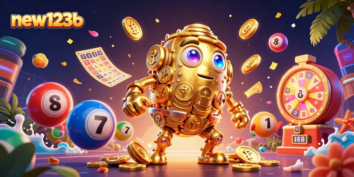 Engage with new123b's vibrant casino experience featuring a golden golem and colorful lottery elements.