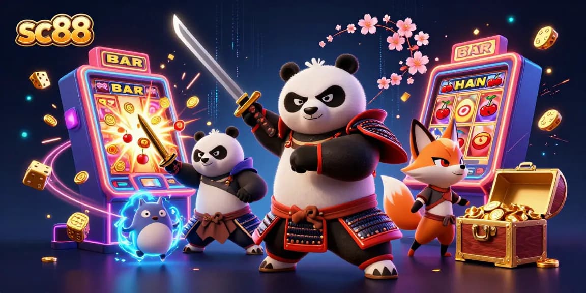 Join the excitement at sc88, where a samurai panda and ninja fox celebrate big wins with thrilling casino elements.