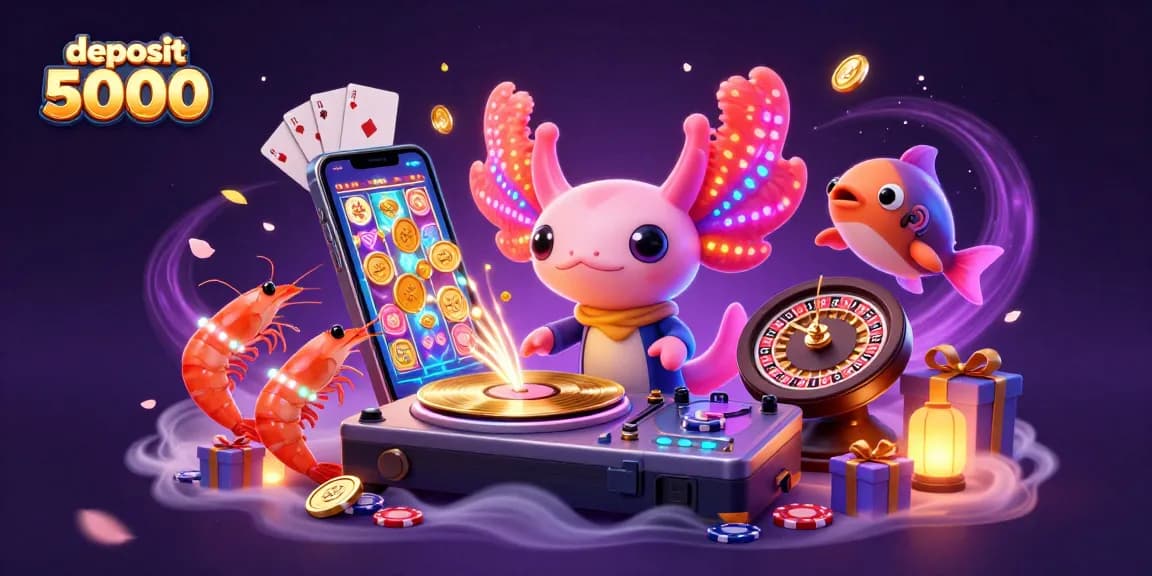 Engage in thrilling gaming with deposit 5000 featuring vibrant axolotl DJ, slot reels, and golden coins.
